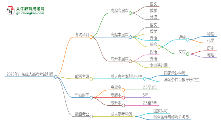 2025年廣東成人高考考試要考幾科？思維導(dǎo)圖