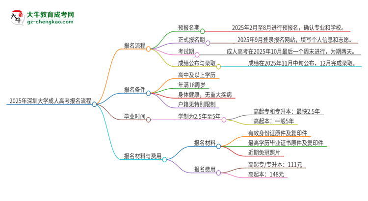 2025年深圳大學(xué)成人高考報名流程是什么？思維導(dǎo)圖