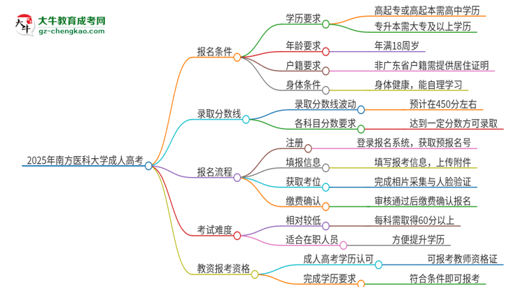 2025年南方醫(yī)科大學(xué)成人高考能考教資嗎？思維導(dǎo)圖