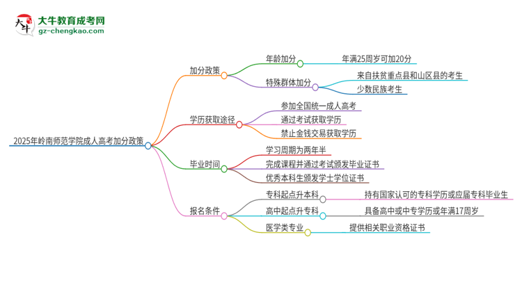 2025年嶺南師范學(xué)院成人高考能加分嗎？加分條件是什么？思維導(dǎo)圖