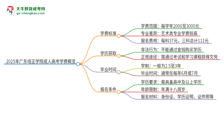 2025年廣東培正學(xué)院成人高考一年學(xué)費(fèi)要多少？思維導(dǎo)圖