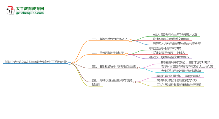 深圳大學2025年成考軟件工程專業(yè)生可不可以考四六級？思維導圖