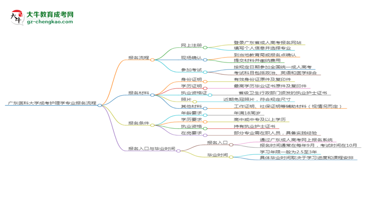 廣東醫(yī)科大學(xué)成考護(hù)理學(xué)專(zhuān)業(yè)2025年報(bào)名流程思維導(dǎo)圖