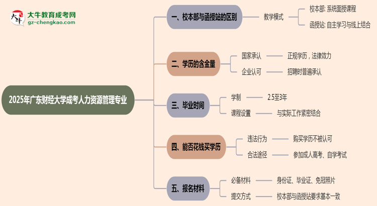 廣東財(cái)經(jīng)大學(xué)2025年成考人力資源管理專業(yè)校本部和函授站哪個(gè)更好？思維導(dǎo)圖