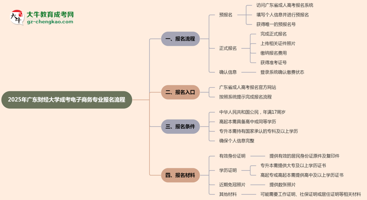 廣東財經(jīng)大學成考電子商務專業(yè)2025年報名流程思維導圖