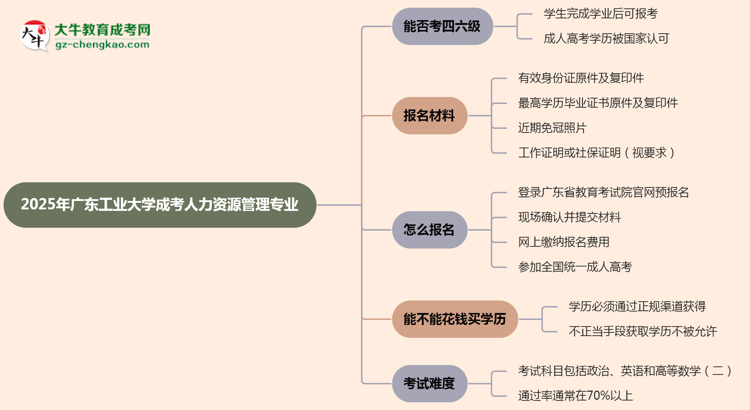 廣東工業(yè)大學(xué)2025年成考人力資源管理專業(yè)生可不可以考四六級？思維導(dǎo)圖