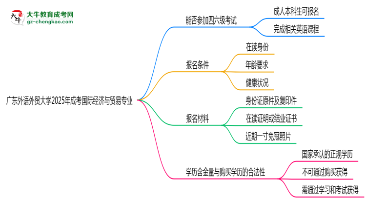 廣東外語(yǔ)外貿(mào)大學(xué)2025年成考國(guó)際經(jīng)濟(jì)與貿(mào)易專(zhuān)業(yè)生可不可以考四六級(jí)？思維導(dǎo)圖