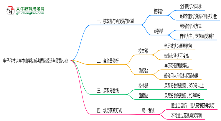 電子科技大學(xué)中山學(xué)院2025年成考國(guó)際經(jīng)濟(jì)與貿(mào)易專業(yè)校本部和函授站哪個(gè)更好？思維導(dǎo)圖