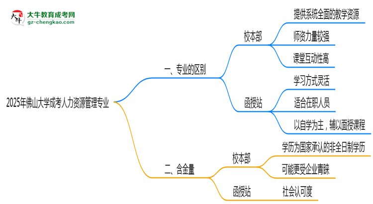佛山大學2025年成考人力資源管理專業(yè)校本部和函授站哪個更好？思維導圖