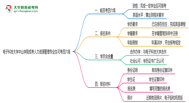 電子科技大學(xué)中山學(xué)院2025年成考人力資源管理專業(yè)生可不可以考四六級(jí)？思維導(dǎo)圖