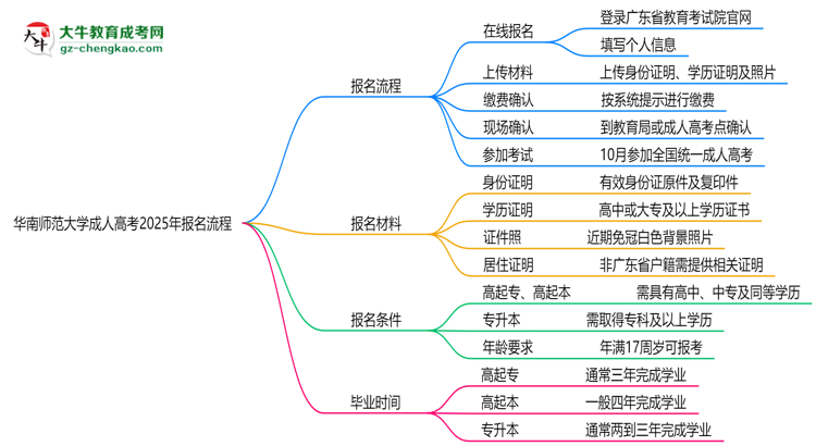 華南師范大學成人高考2025年報名流程思維導圖
