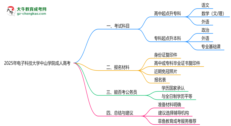 2025年電子科技大學(xué)中山學(xué)院成人高考入學(xué)考試科目有哪些？思維導(dǎo)圖