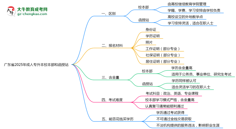 廣東省2025年成人專升本校本部和函授站哪個更好？思維導(dǎo)圖