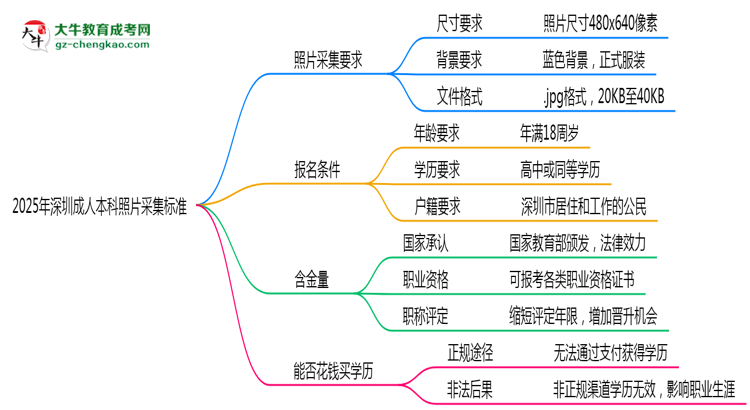 2025年深圳成人本科照片采集標準：著裝/尺寸要求詳解思維導圖