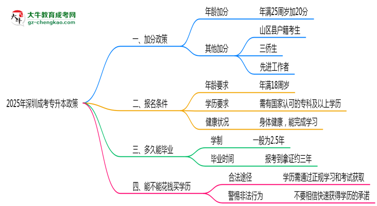 2025年深圳成考專升本加分政策適用人群及申報流程思維導圖