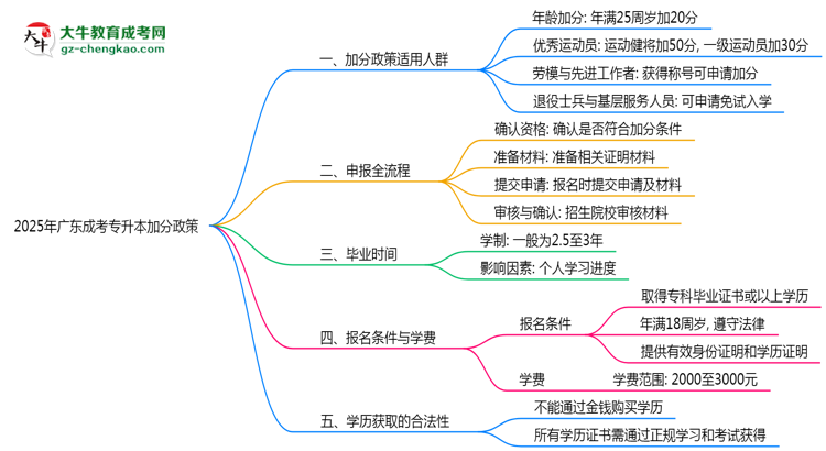 2025年廣東成考專升本加分政策適用人群與申報(bào)全流程思維導(dǎo)圖